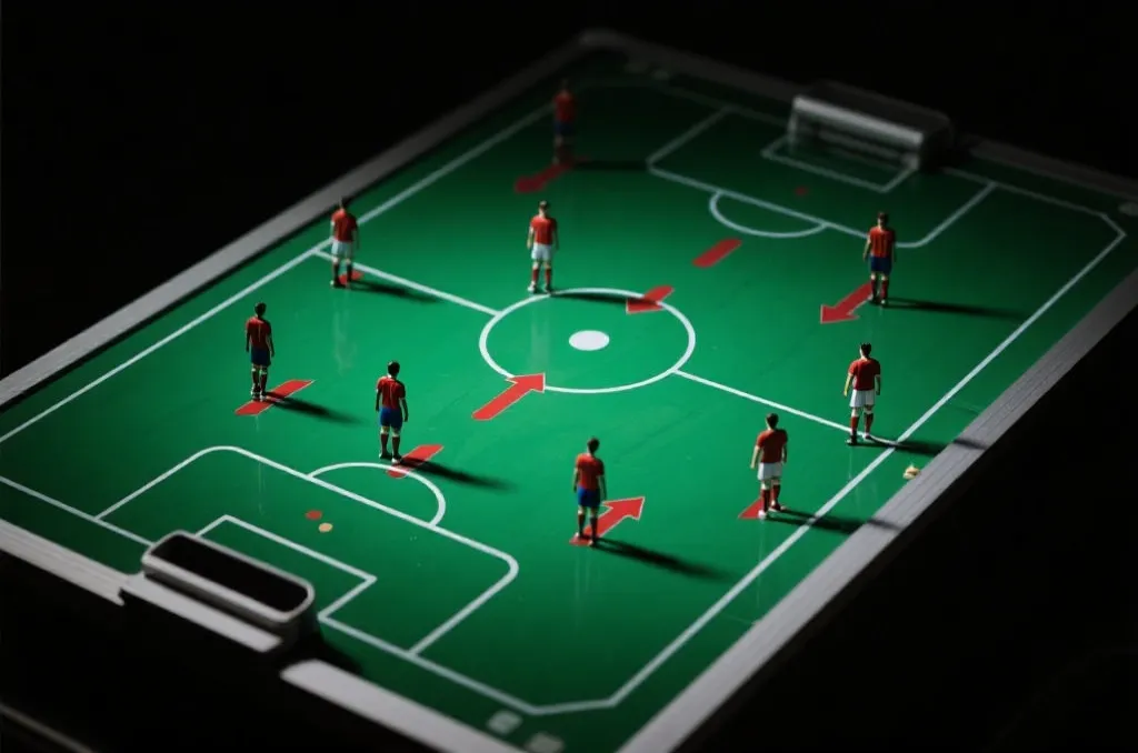 A professional soccer tactical board showing player positions and movement arrows